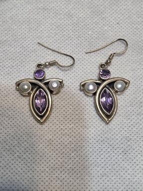 Vintage Amethyst Pearl Sterling Silver Earrings